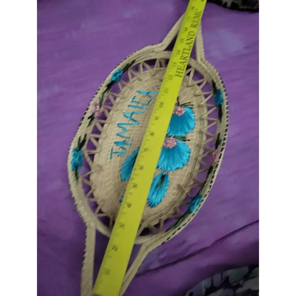 Vintage Woven Straw Oval Basket Tray w/Floral Embroidery & Handles Jamaica